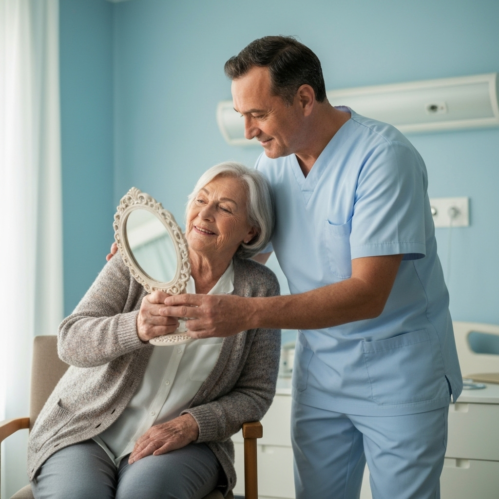 Enfermera cariñosa ayudando a adulta mayor