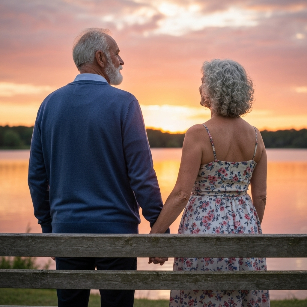 Pareja de adultos mayores tomados de la mano viendo el atardecer juntos