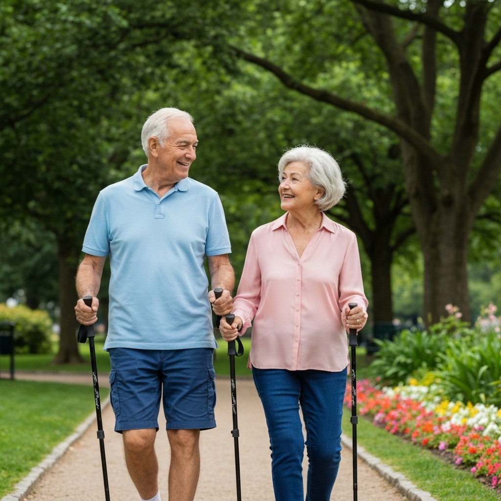 Pareja de adultos mayores caminando juntos en el parque