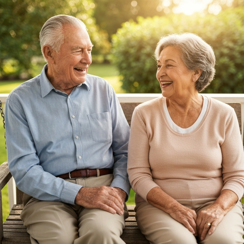 Adultos mayores sentados juntos en porche conversando y riendo