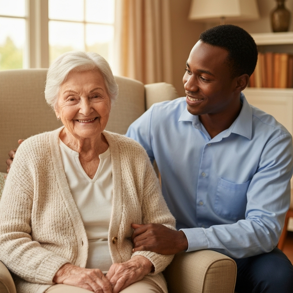 Cuidador profesional acompañando a adulto mayor