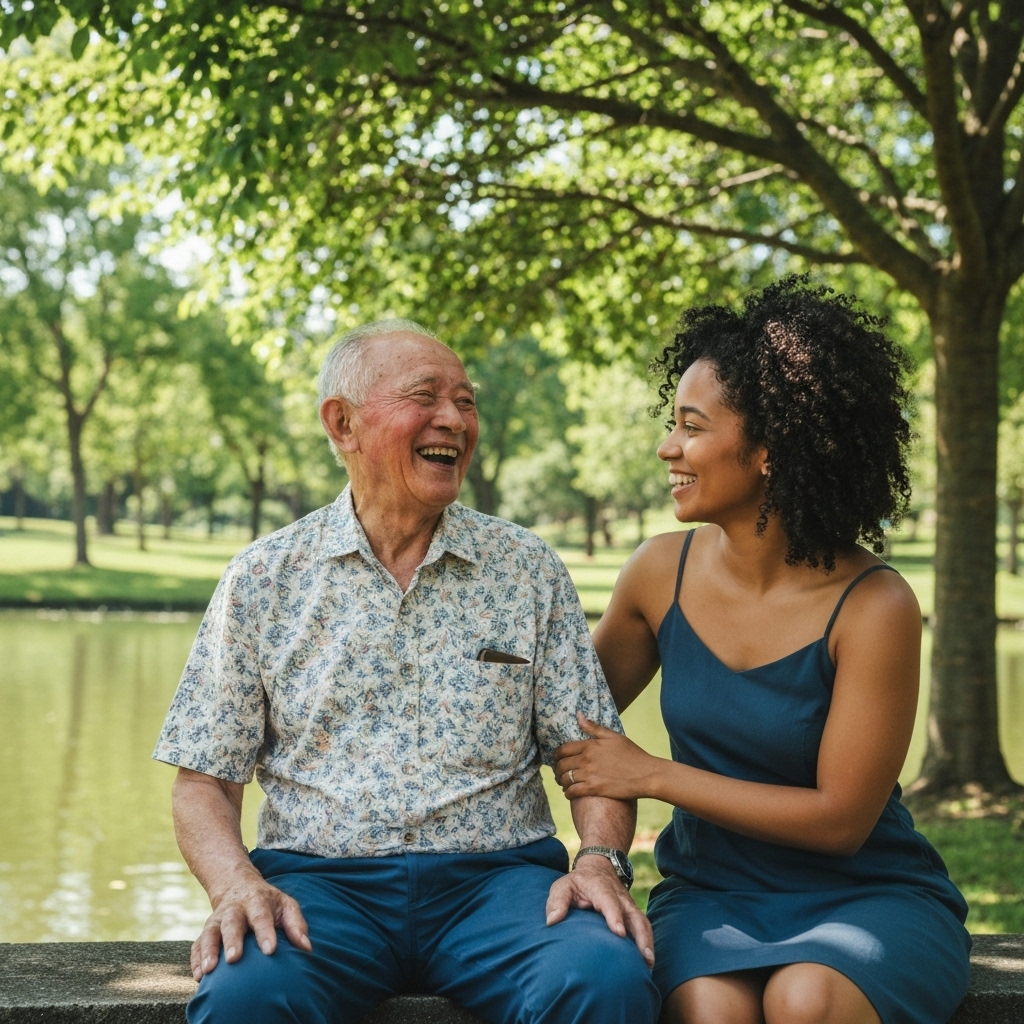 Adulto mayor feliz con cuidador joven sonriendo juntos